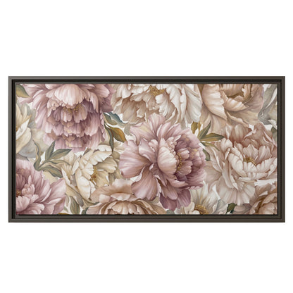 Layered soft pink and ivory flowers with sage leaves single framed canvas wall art viewed straight on