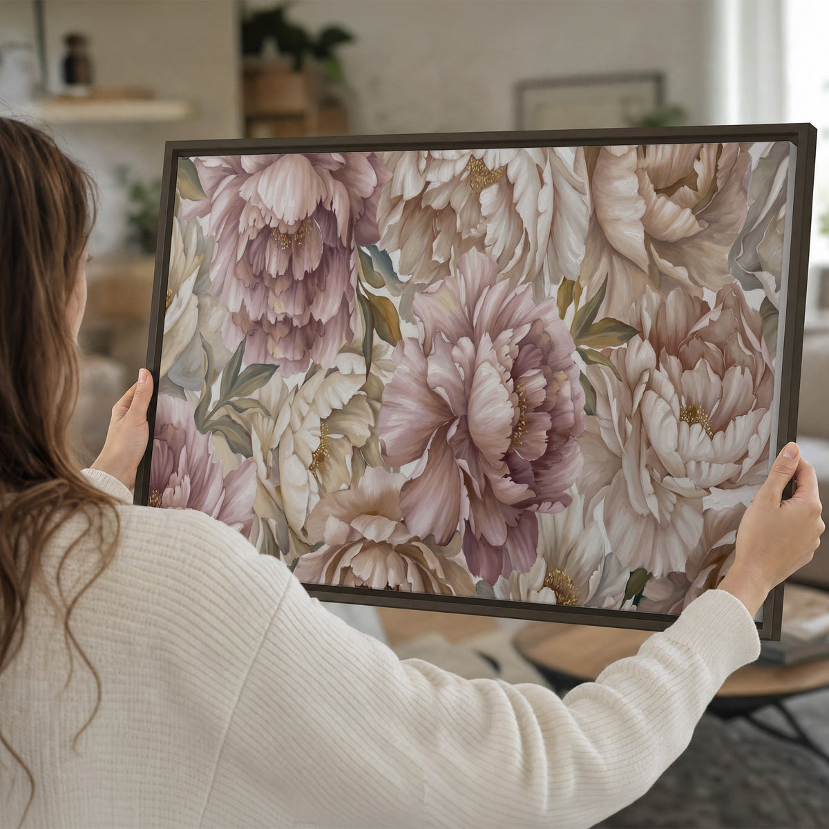 Layered soft pink and ivory flowers with sage leaves single framed canvas wall art held in hands