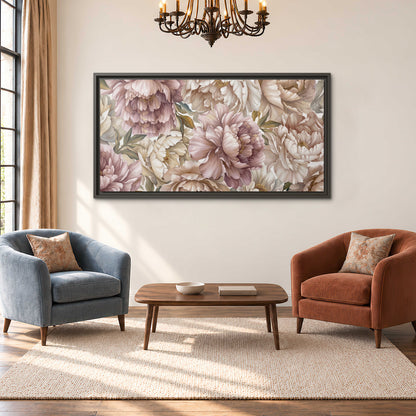 Layered soft pink and ivory flowers with sage leaves single framed canvas wall art styled in an interior