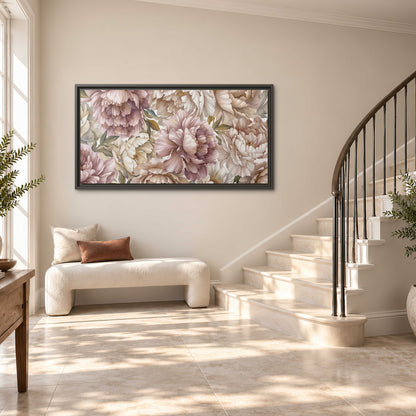 Layered soft pink and ivory flowers with sage leaves single framed canvas wall art styled in an interior