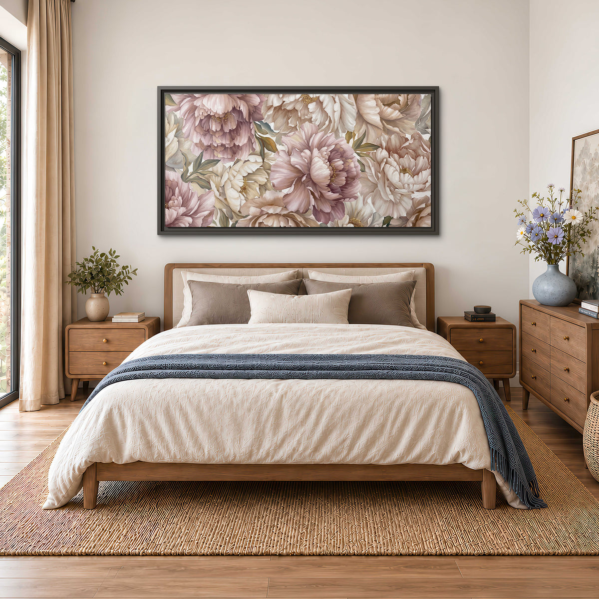 Layered soft pink and ivory flowers with sage leaves single framed canvas wall art styled in an interior