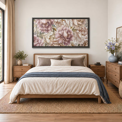 Layered soft pink and ivory flowers with sage leaves single framed canvas wall art styled in an interior