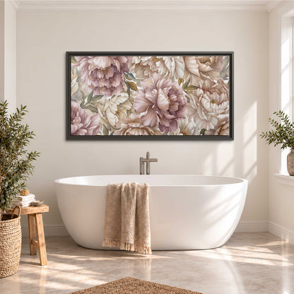 Layered soft pink and ivory flowers with sage leaves single framed canvas wall art styled in an interior