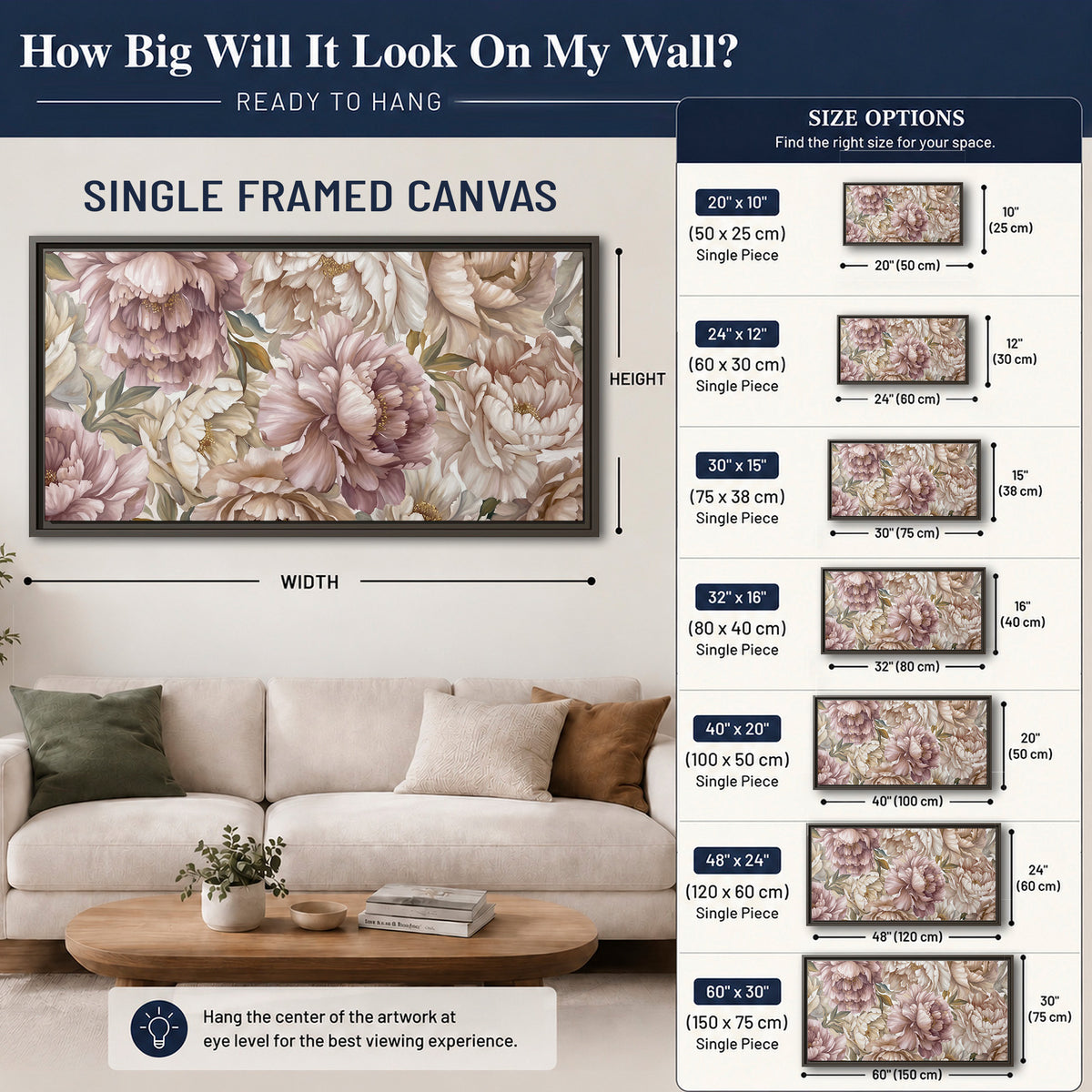 Layered soft pink and ivory flowers with sage leaves single framed canvas wall art size guide above a sofa; room view is illustrative
