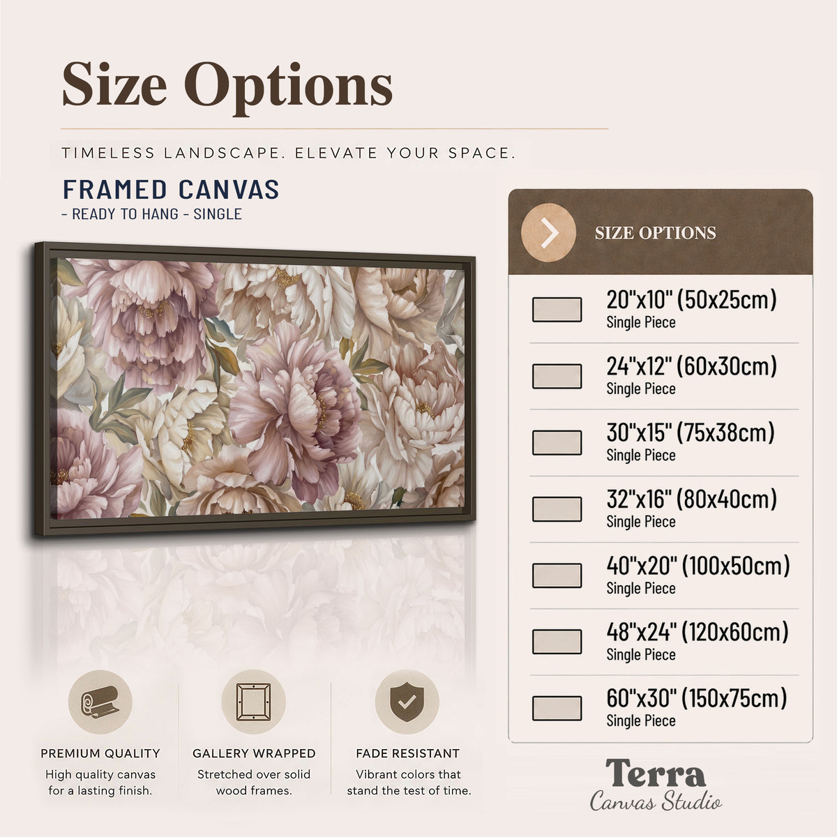 Layered soft pink and ivory flowers with sage leaves single framed canvas wall art available dimensions