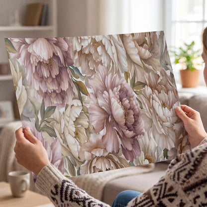 Layered soft pink and ivory flowers with sage leaves single poster print held in hands
