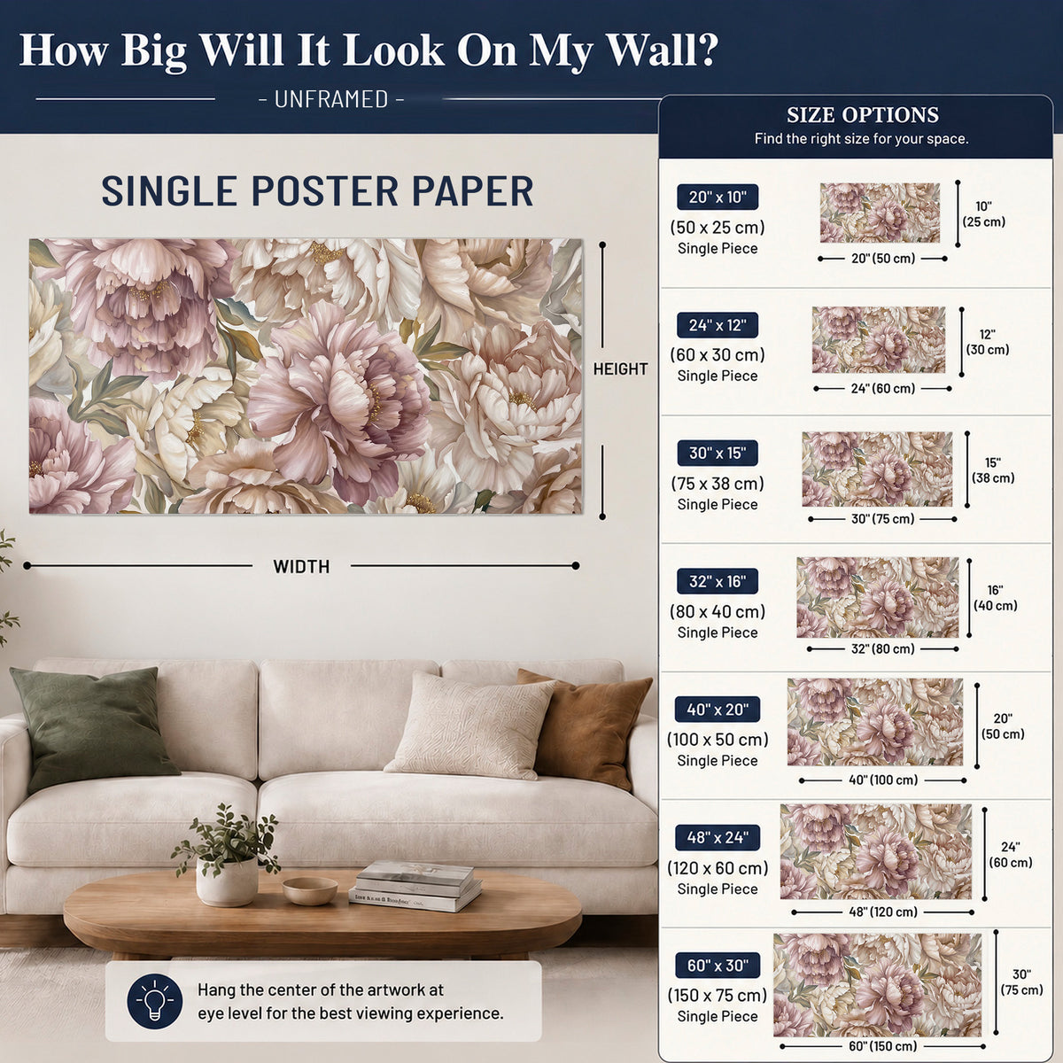 Layered soft pink and ivory flowers with sage leaves single poster print size guide above a sofa; room view is illustrative