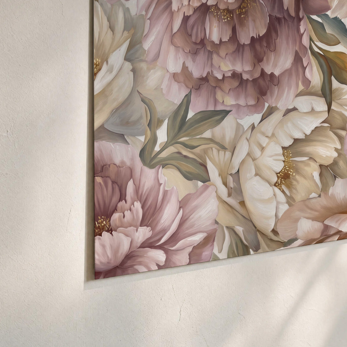 Layered soft pink and ivory flowers with sage leaves set of 3 poster prints material and edge close up