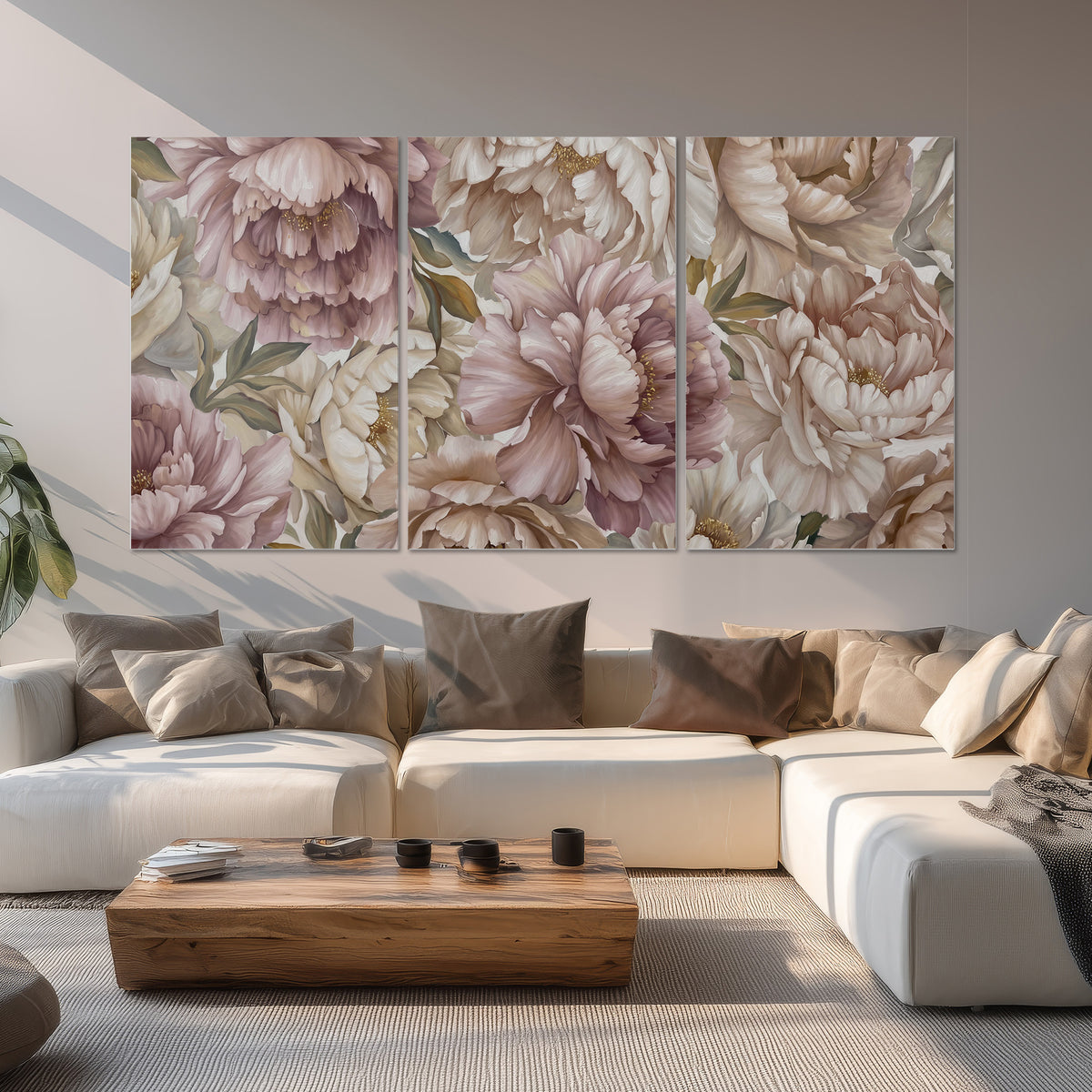 Layered soft pink and ivory flowers with sage leaves set of 3 poster prints displayed in a living room