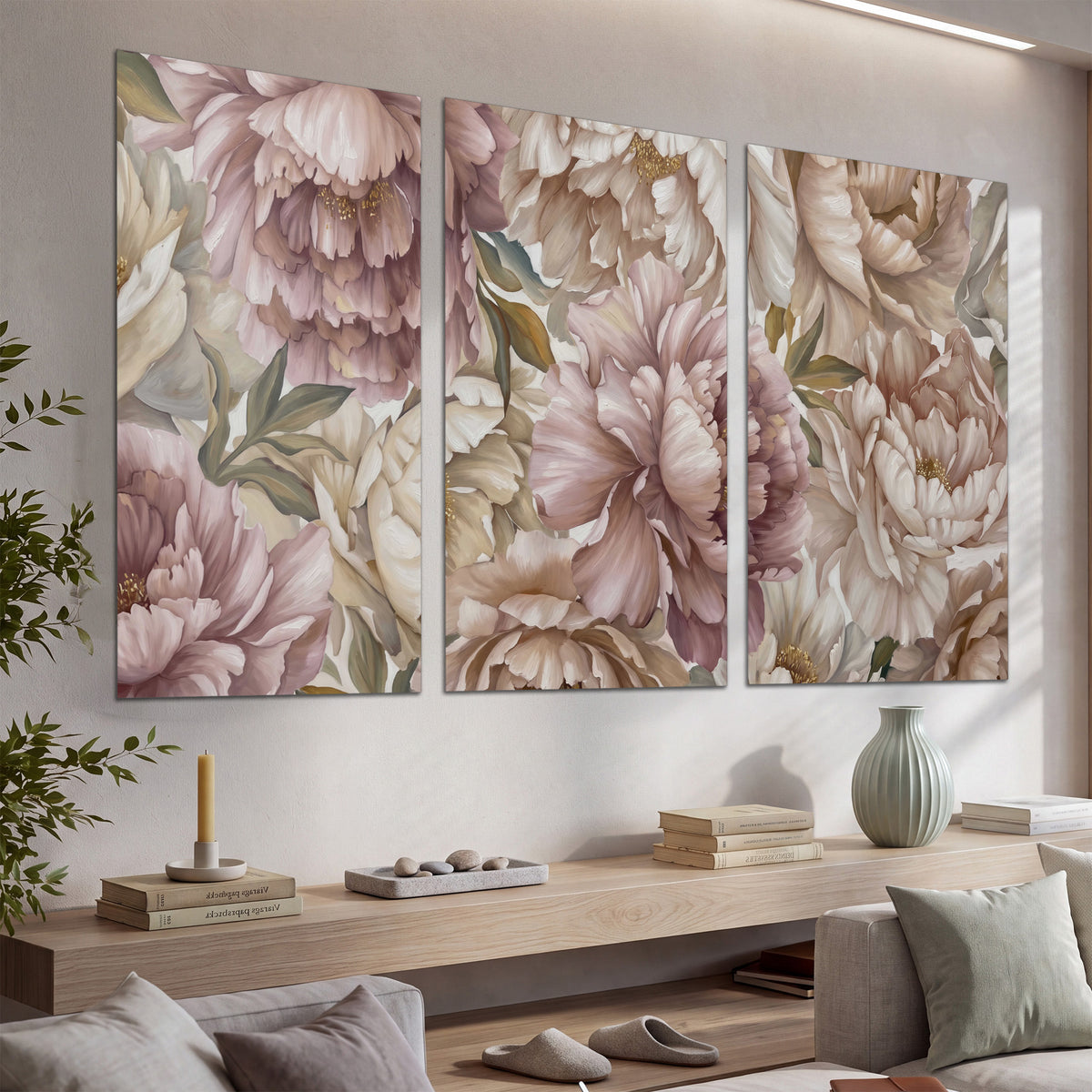 Layered soft pink and ivory flowers with sage leaves set of 3 poster prints displayed in a console