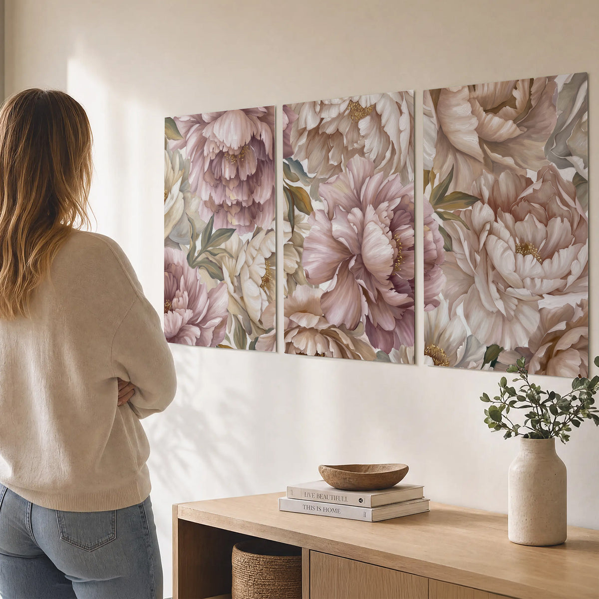 Layered soft pink and ivory flowers with sage leaves set of 3 poster prints three panel arrangement on a wall