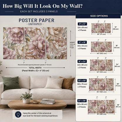 Layered soft pink and ivory flowers with sage leaves set of 3 poster prints size guide above a sofa; room view is illustrative