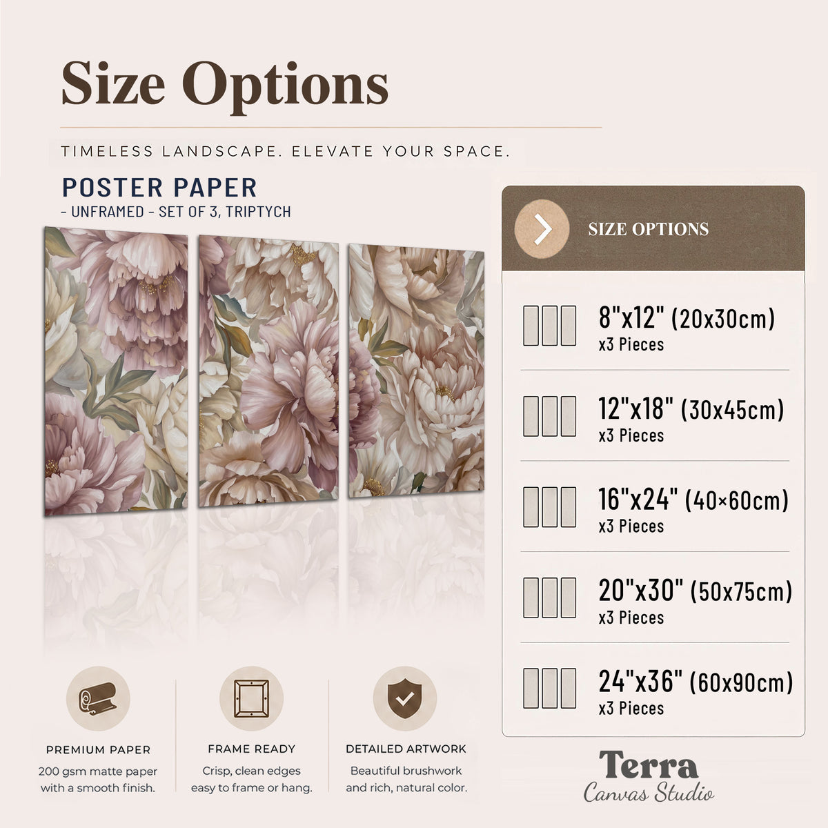 Layered soft pink and ivory flowers with sage leaves set of 3 poster prints available dimensions; triptych dimensions are per panel