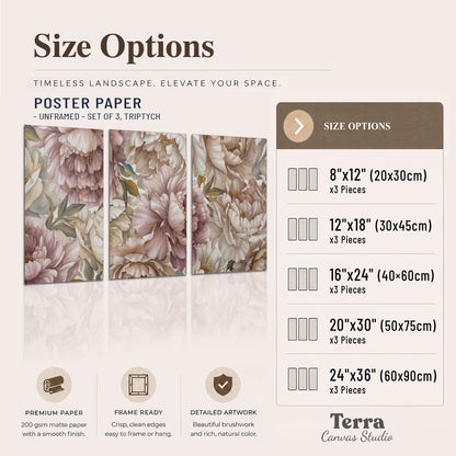 Layered soft pink and ivory flowers with sage leaves set of 3 poster prints available dimensions; triptych dimensions are per panel