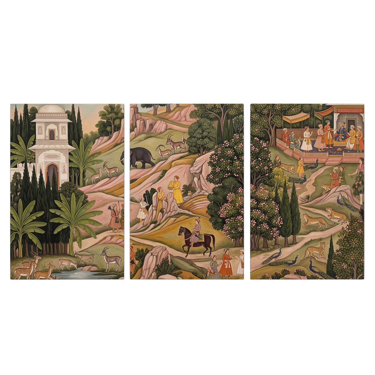 Decorative palace gardens with riders, trees and pavilions 3 piece canvas wall art viewed straight on