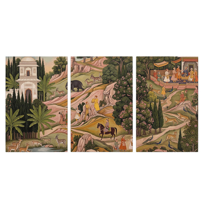 Decorative palace gardens with riders, trees and pavilions 3 piece canvas wall art viewed straight on