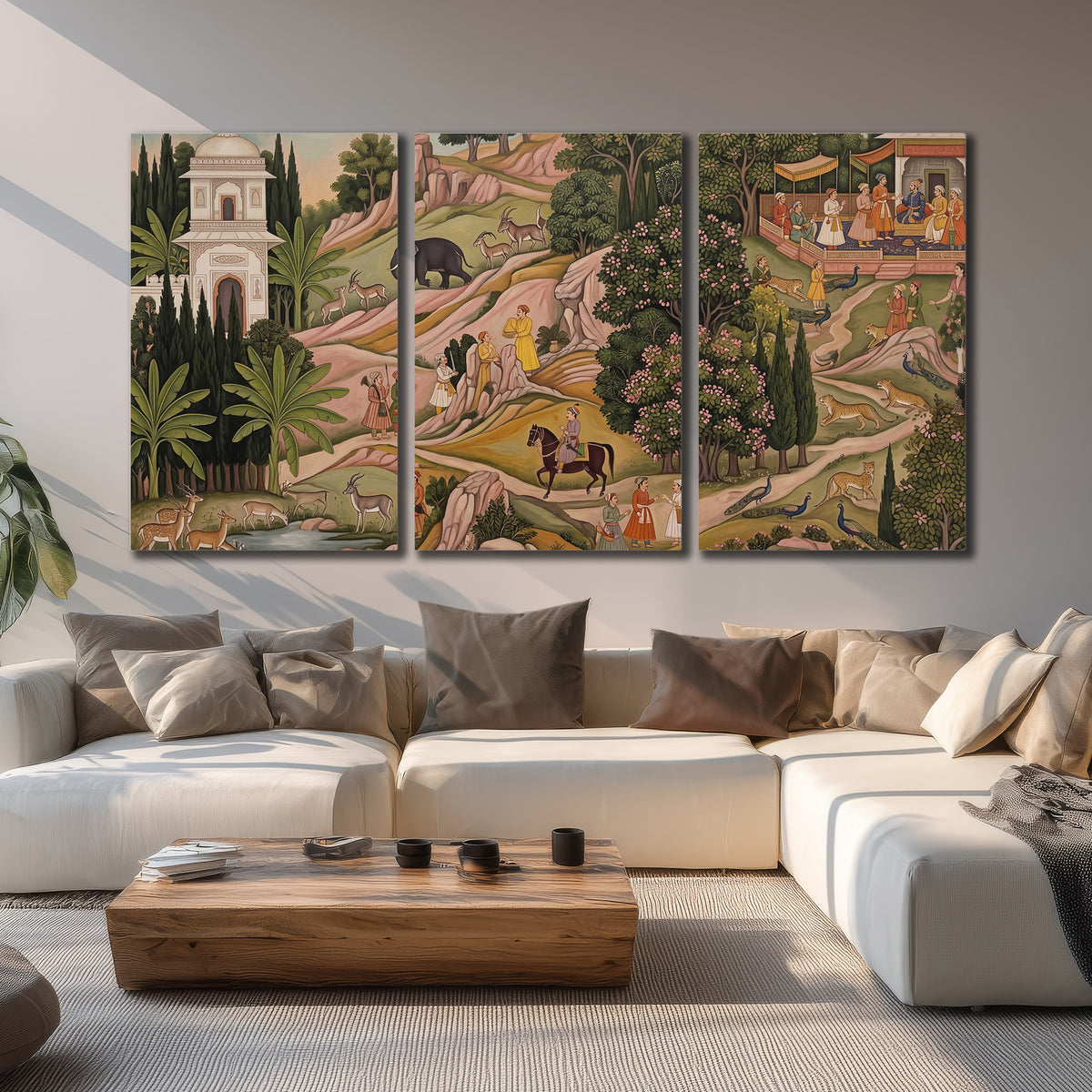 Decorative palace gardens with riders, trees and pavilions 3 piece canvas wall art displayed in a living room