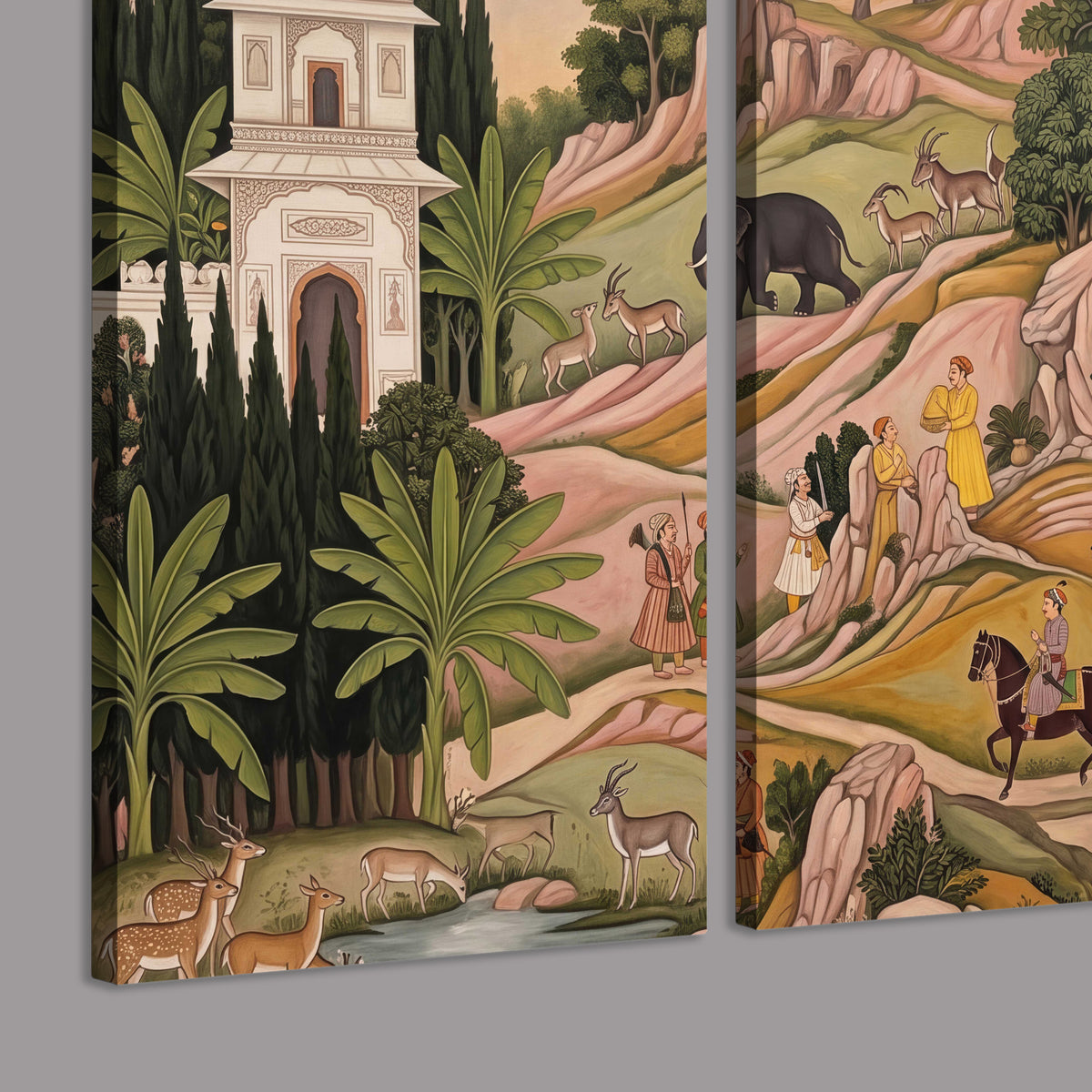 Decorative palace gardens with riders, trees and pavilions 3 piece canvas wall art room and product view