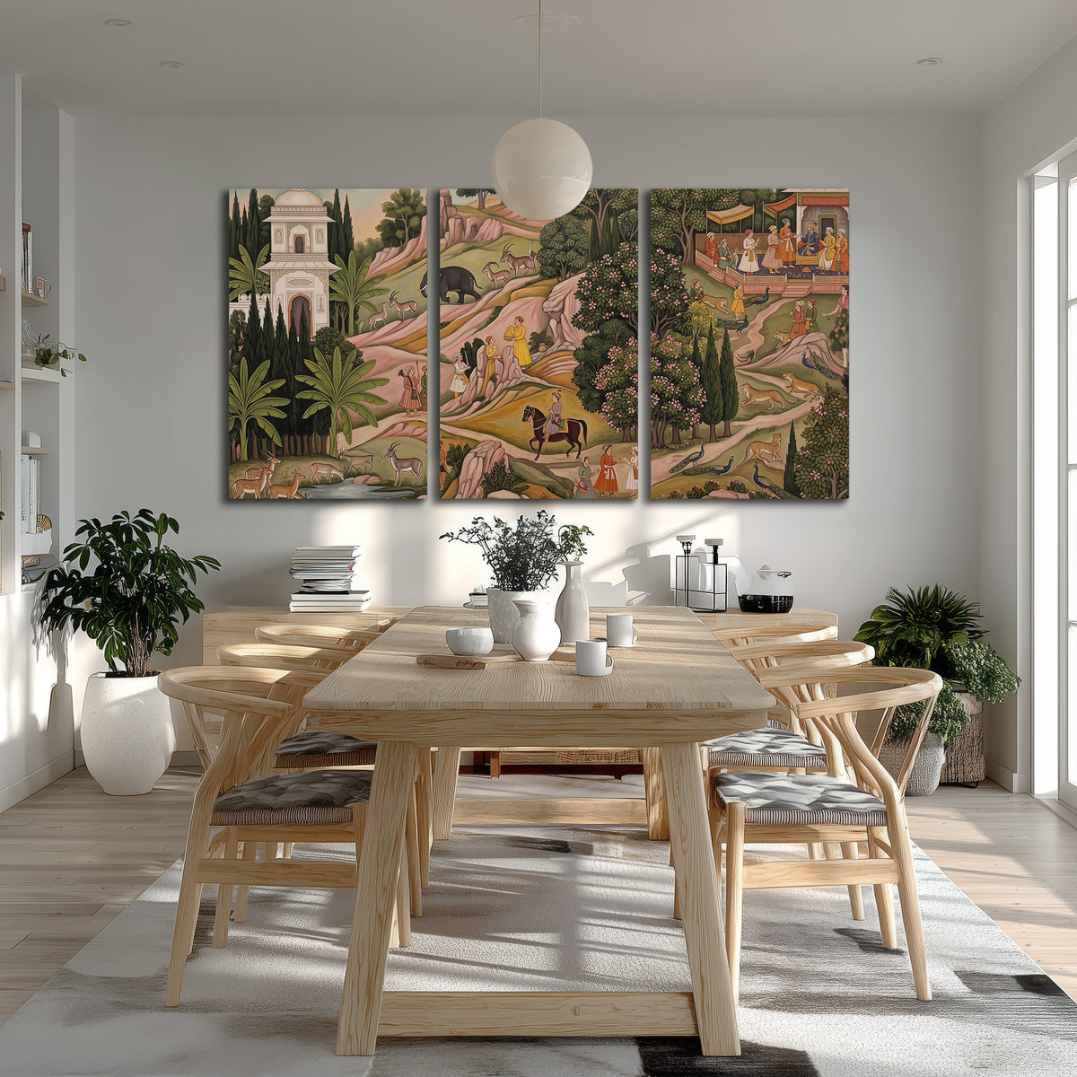 Decorative palace gardens with riders, trees and pavilions 3 piece canvas wall art room and product view