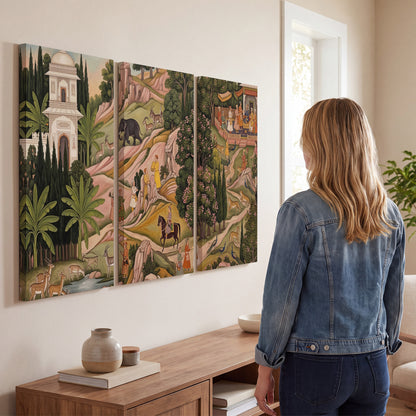 Decorative palace gardens with riders, trees and pavilions 3 piece canvas wall art three panel arrangement on a wall
