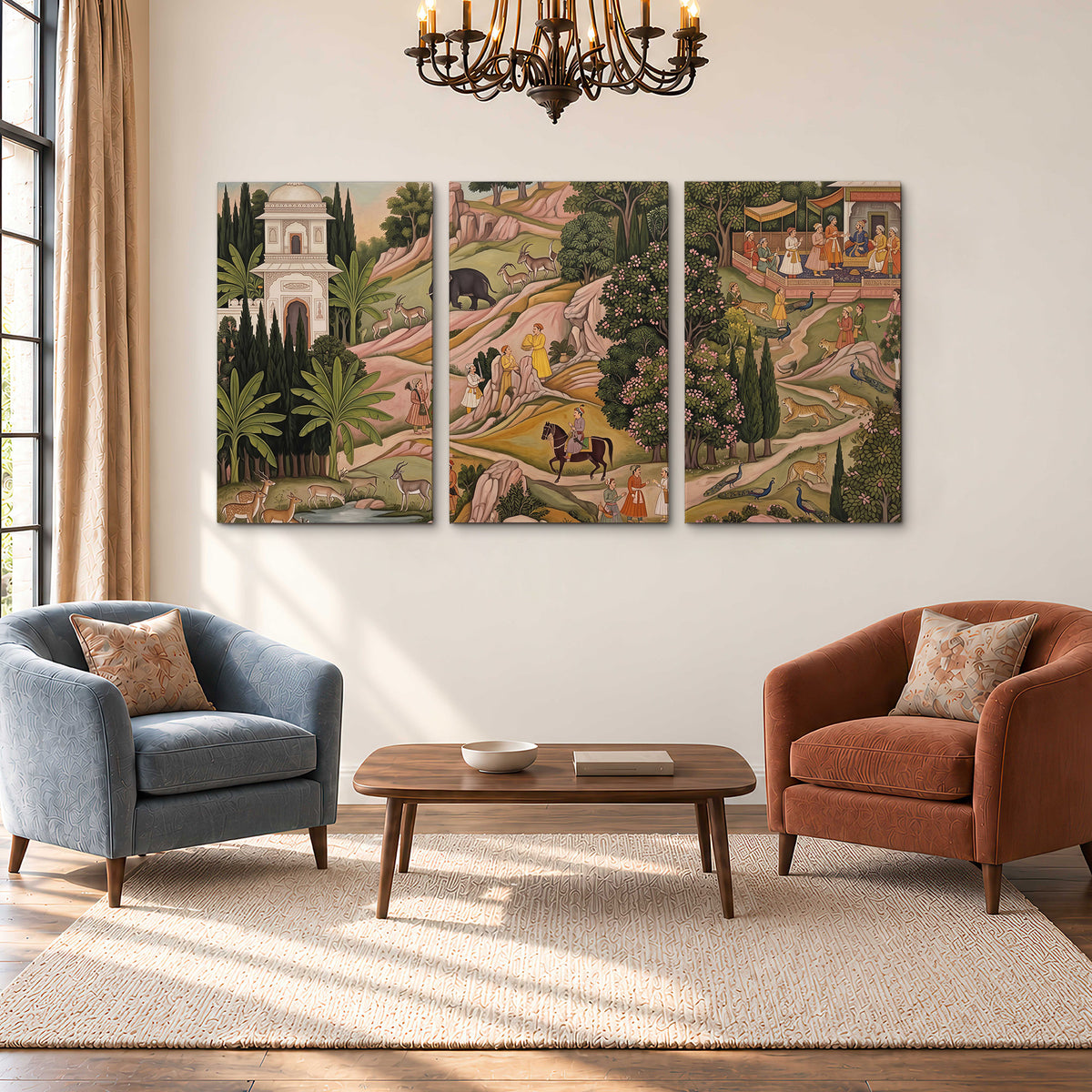 Decorative palace gardens with riders, trees and pavilions 3 piece canvas wall art styled in an interior