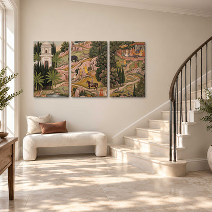 Decorative palace gardens with riders, trees and pavilions 3 piece canvas wall art styled in an interior