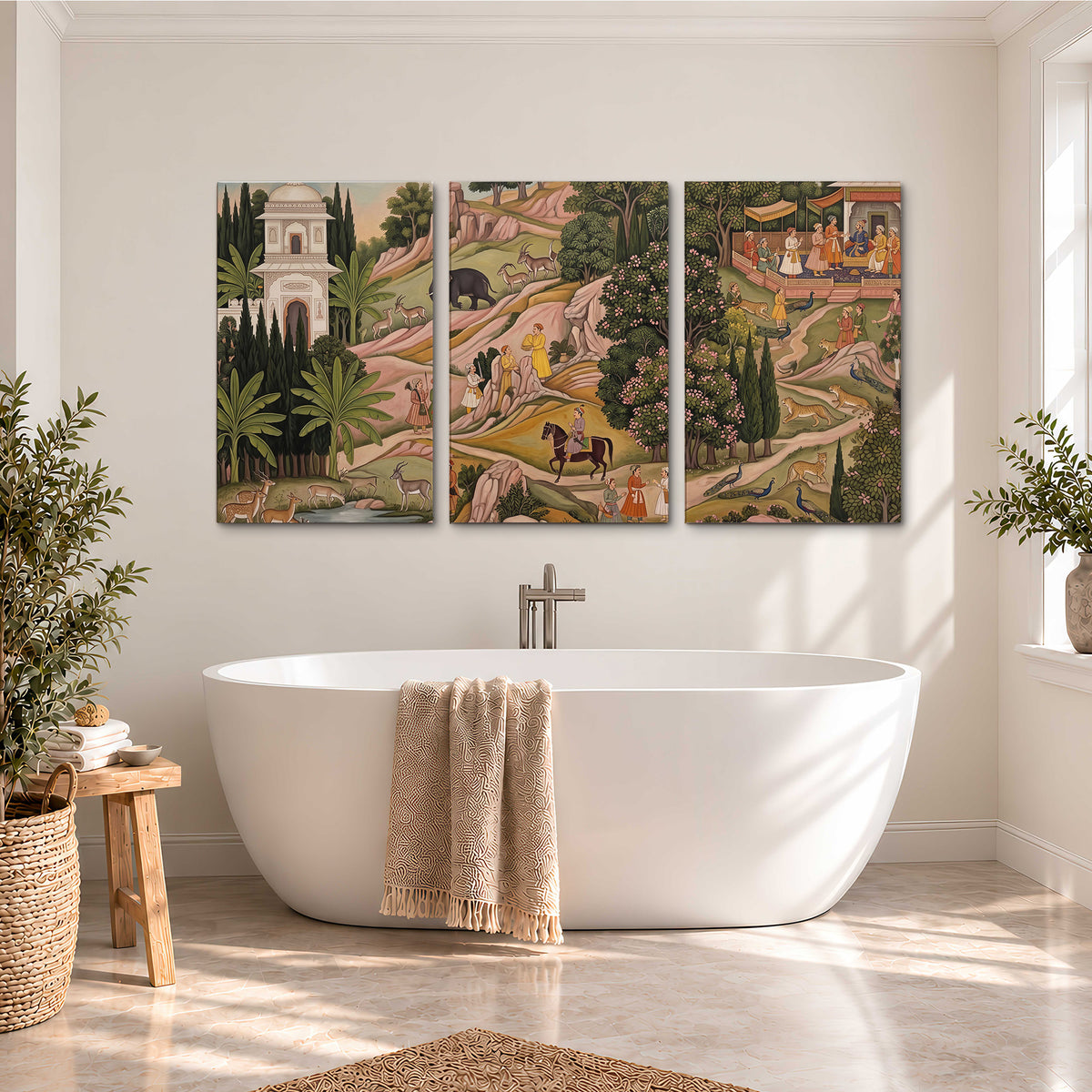 Decorative palace gardens with riders, trees and pavilions 3 piece canvas wall art styled in an interior