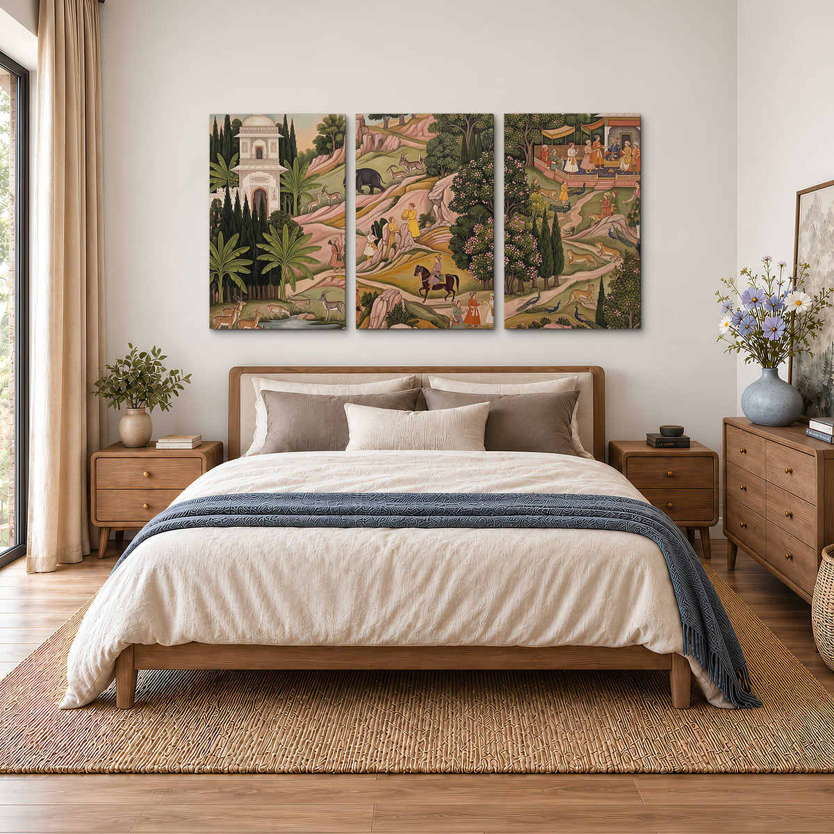 Decorative palace gardens with riders, trees and pavilions 3 piece canvas wall art styled in an interior