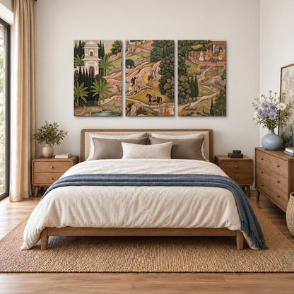 Decorative palace gardens with riders, trees and pavilions 3 piece canvas wall art styled in an interior