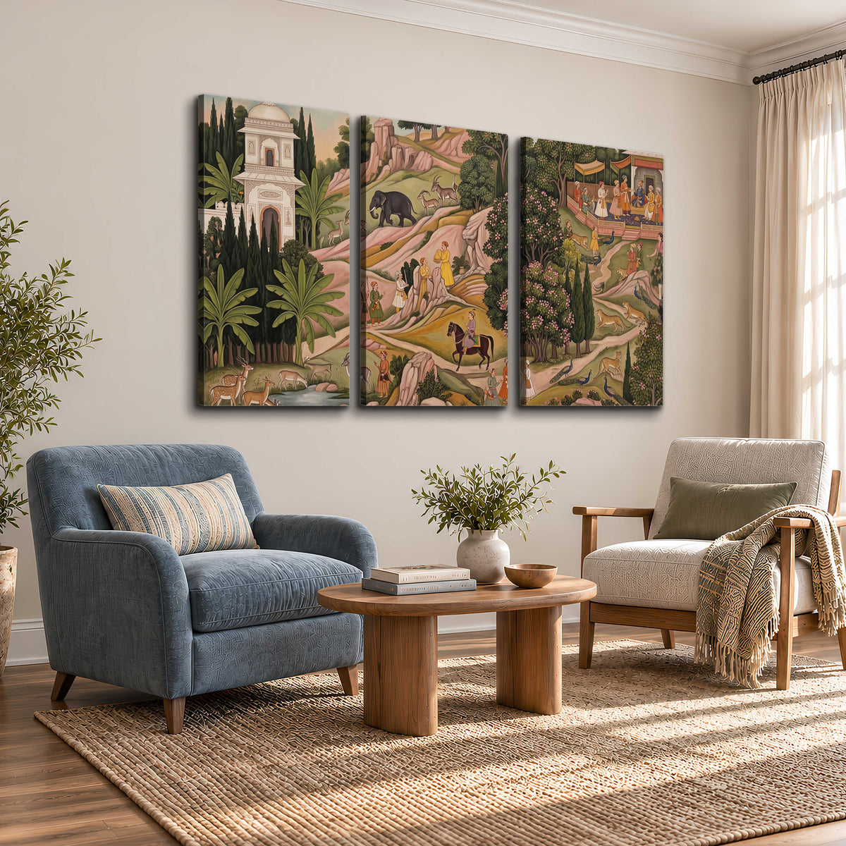 Decorative palace gardens with riders, trees and pavilions 3 piece canvas wall art styled in an interior