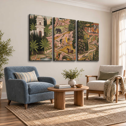 Decorative palace gardens with riders, trees and pavilions 3 piece canvas wall art styled in an interior