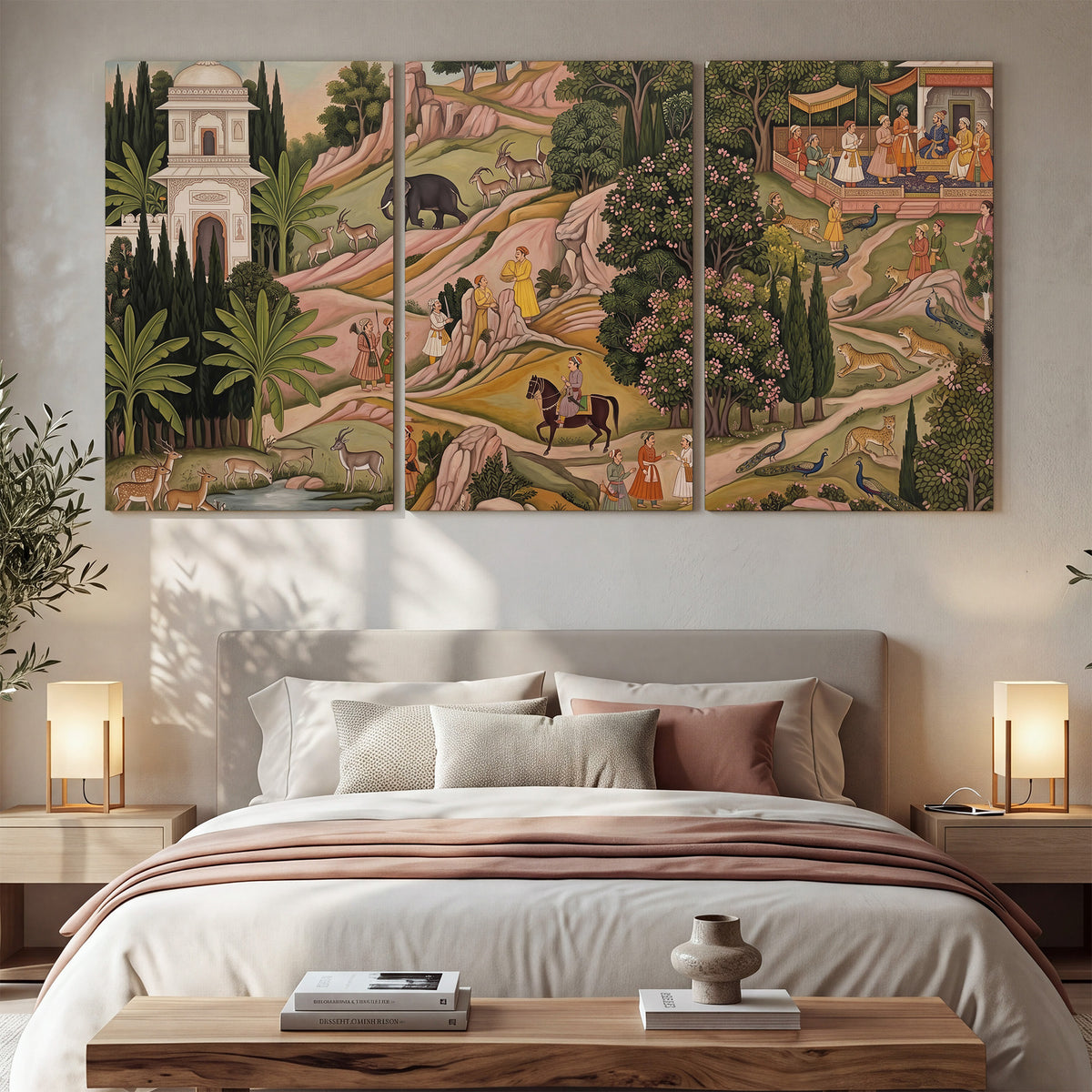 Decorative palace gardens with riders, trees and pavilions 3 piece canvas wall art displayed in a bedroom