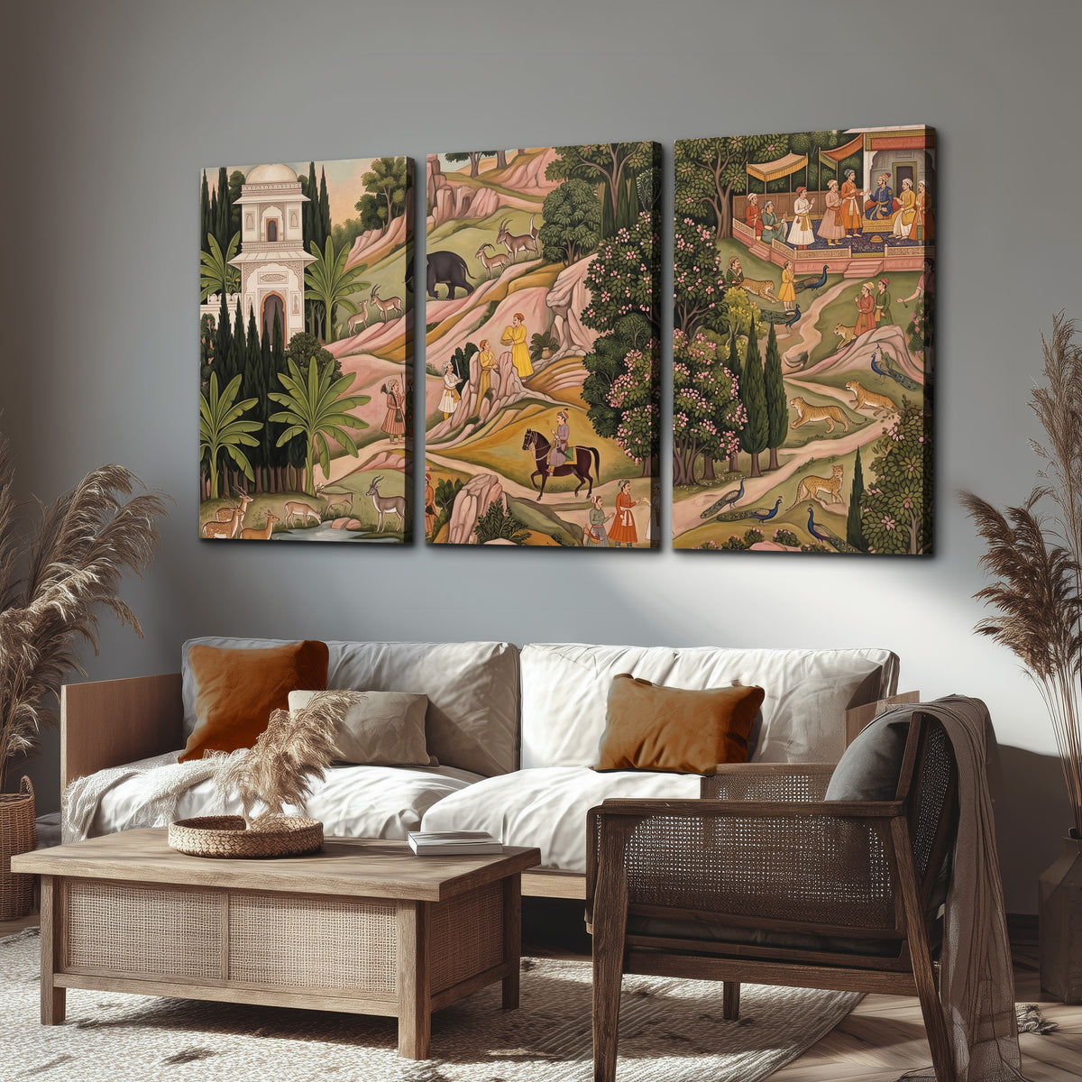 Decorative palace gardens with riders, trees and pavilions 3 piece canvas wall art displayed in a rustic living room