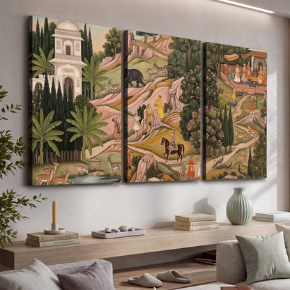 Decorative palace gardens with riders, trees and pavilions 3 piece canvas wall art displayed in a console
