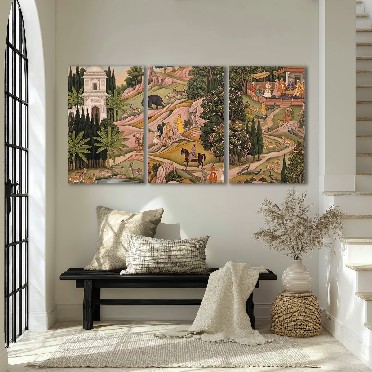 Decorative palace gardens with riders, trees and pavilions 3 piece canvas wall art displayed in a entryway