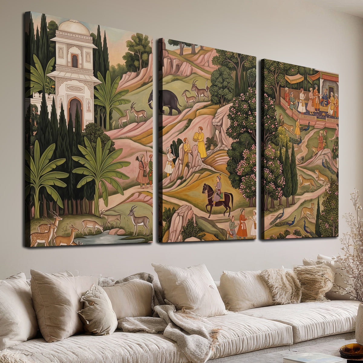 Decorative palace gardens with riders, trees and pavilions 3 piece canvas wall art room and product view