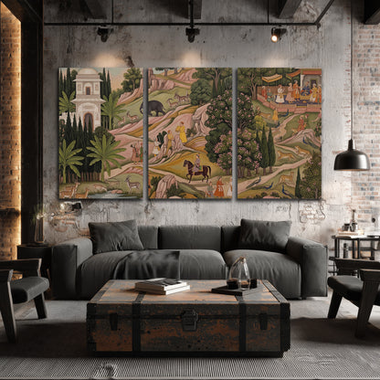 Decorative palace gardens with riders, trees and pavilions 3 piece canvas wall art displayed in a industrial room