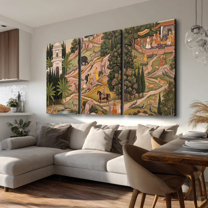 Decorative palace gardens with riders, trees and pavilions 3 piece canvas wall art room and product view