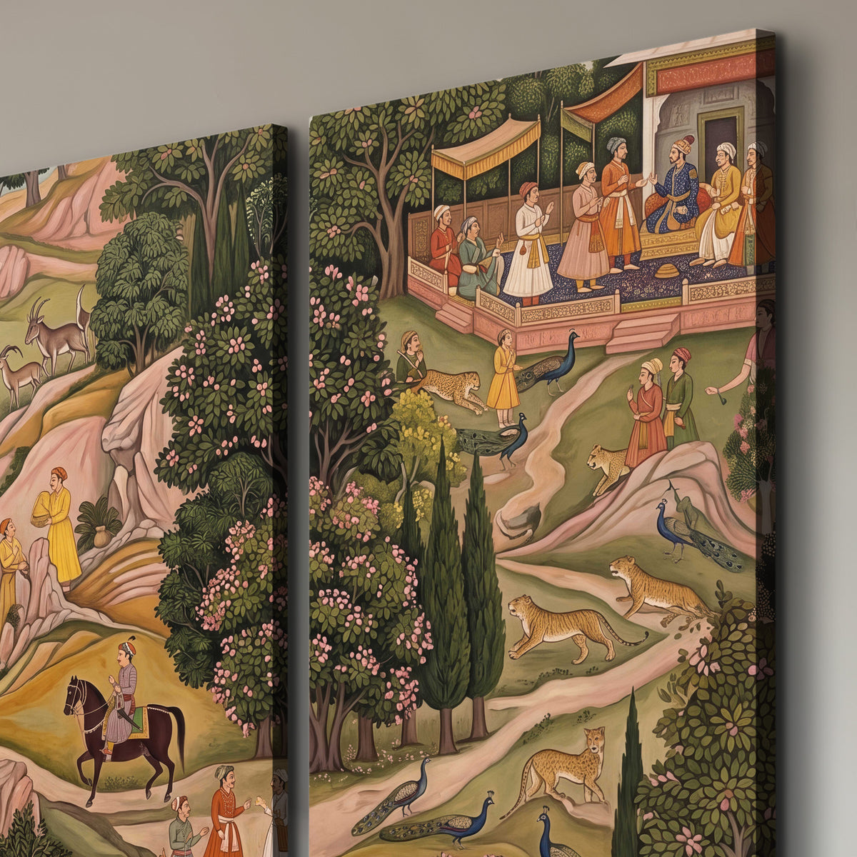 Decorative palace gardens with riders, trees and pavilions 3 piece canvas wall art room and product view