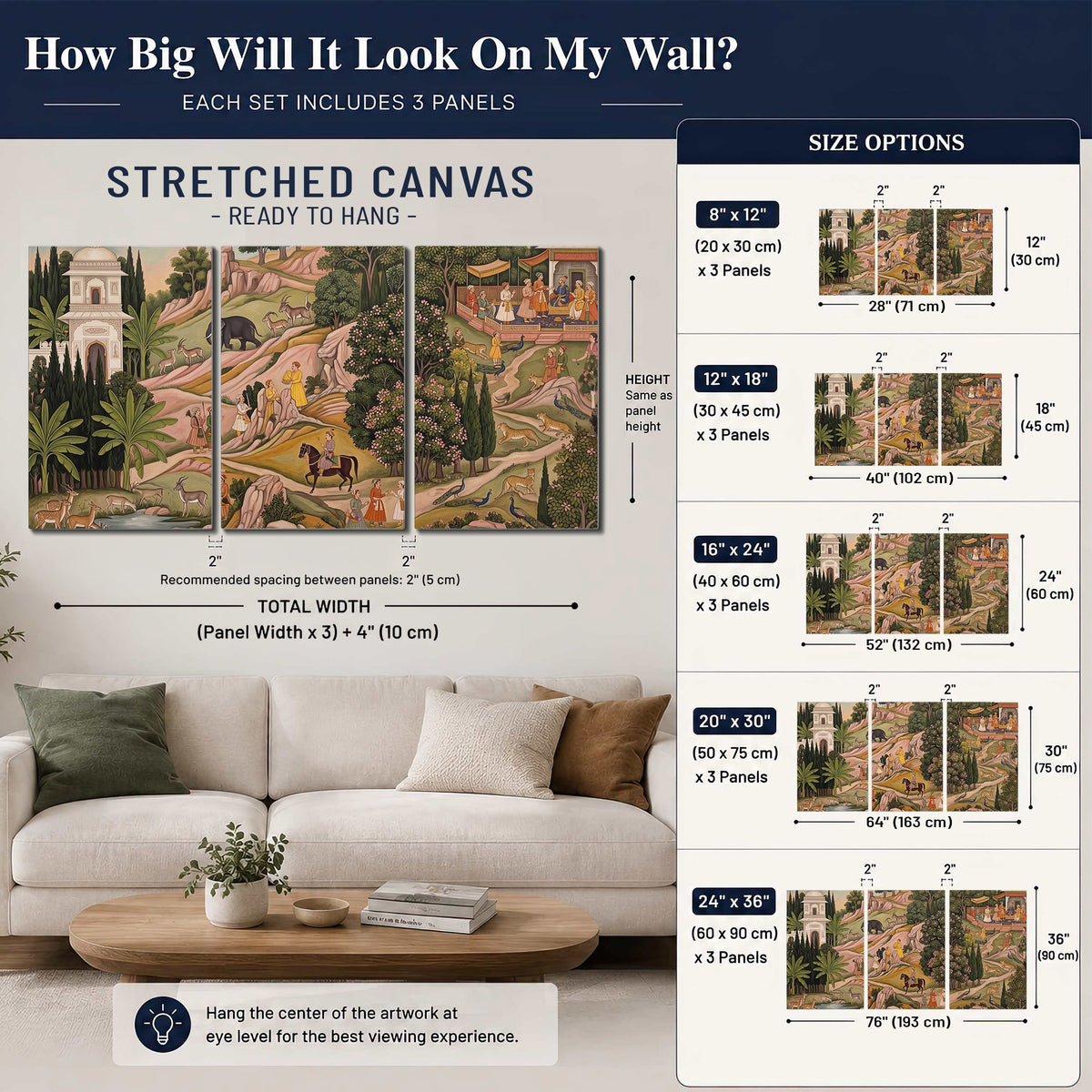 Decorative palace gardens with riders, trees and pavilions 3 piece canvas wall art size guide above a sofa; room view is illustrative