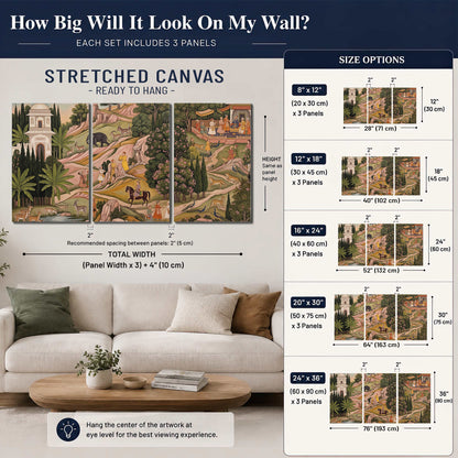 Decorative palace gardens with riders, trees and pavilions 3 piece canvas wall art size guide above a sofa; room view is illustrative