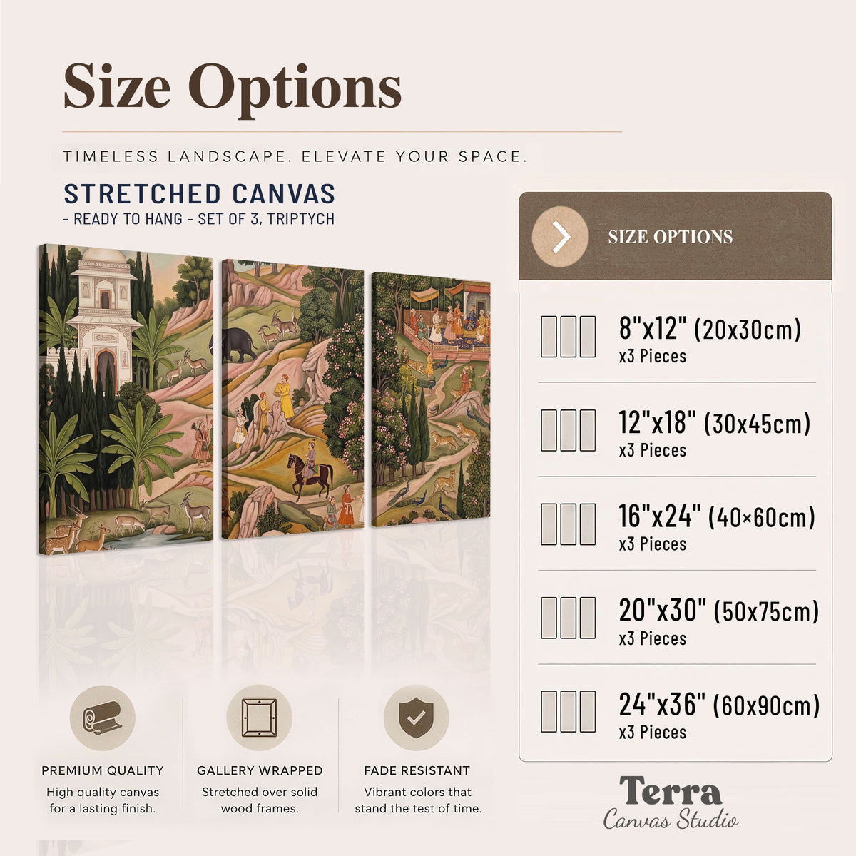 Decorative palace gardens with riders, trees and pavilions 3 piece canvas wall art available dimensions; triptych dimensions are per panel