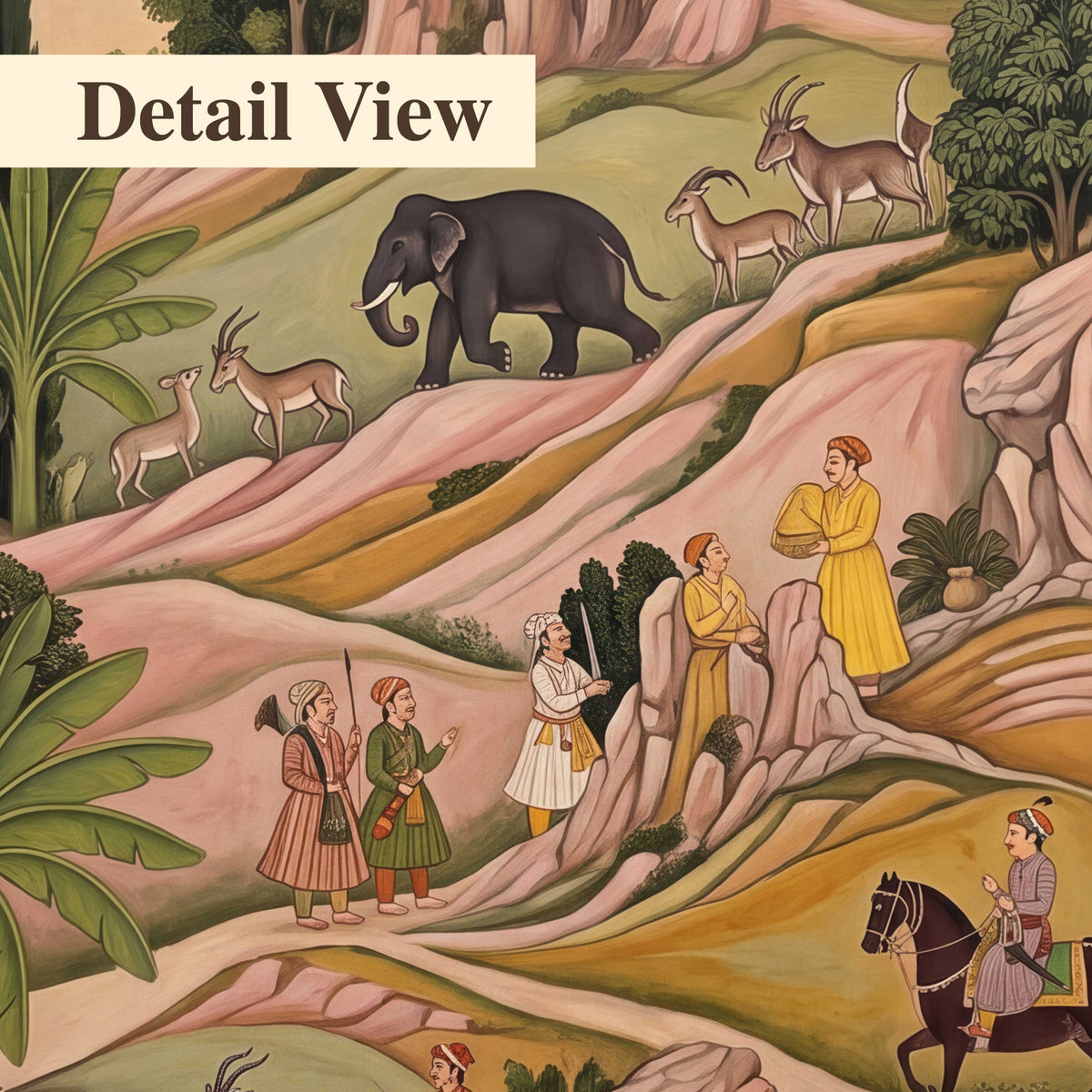 Decorative palace gardens with riders, trees and pavilions 3 piece canvas wall art artwork detail close up