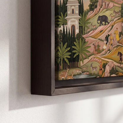 Decorative palace gardens with riders, trees and pavilions 3 piece framed canvas wall art material and edge close up