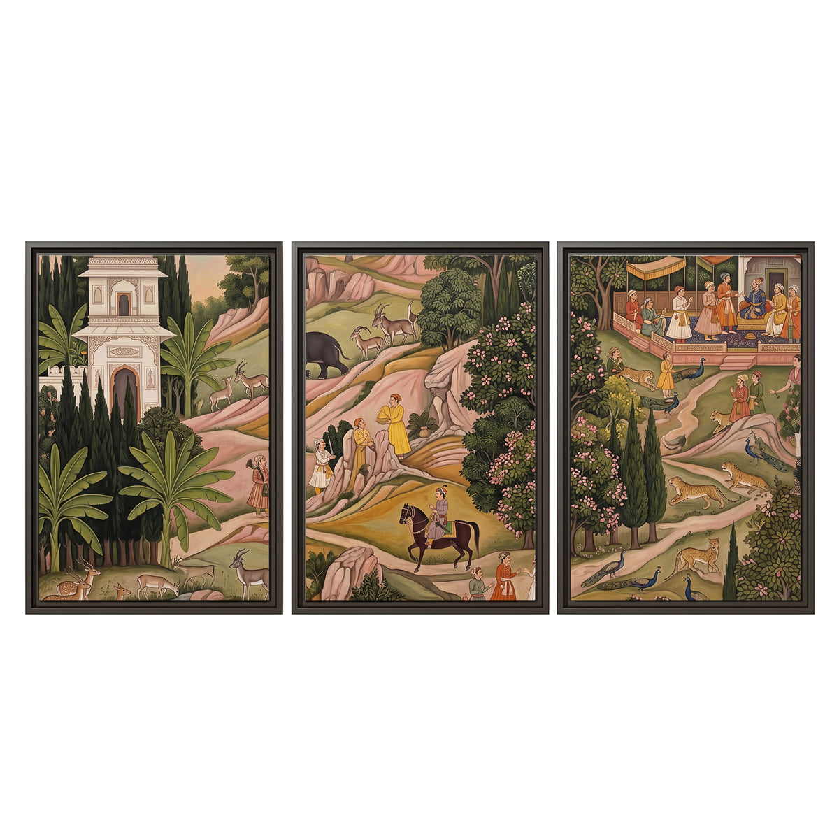Decorative palace gardens with riders, trees and pavilions 3 piece framed canvas wall art viewed straight on