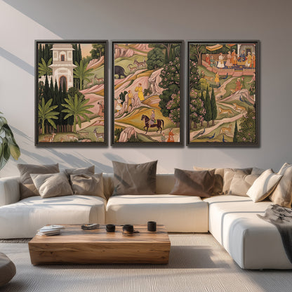 Decorative palace gardens with riders, trees and pavilions 3 piece framed canvas wall art displayed in a living room