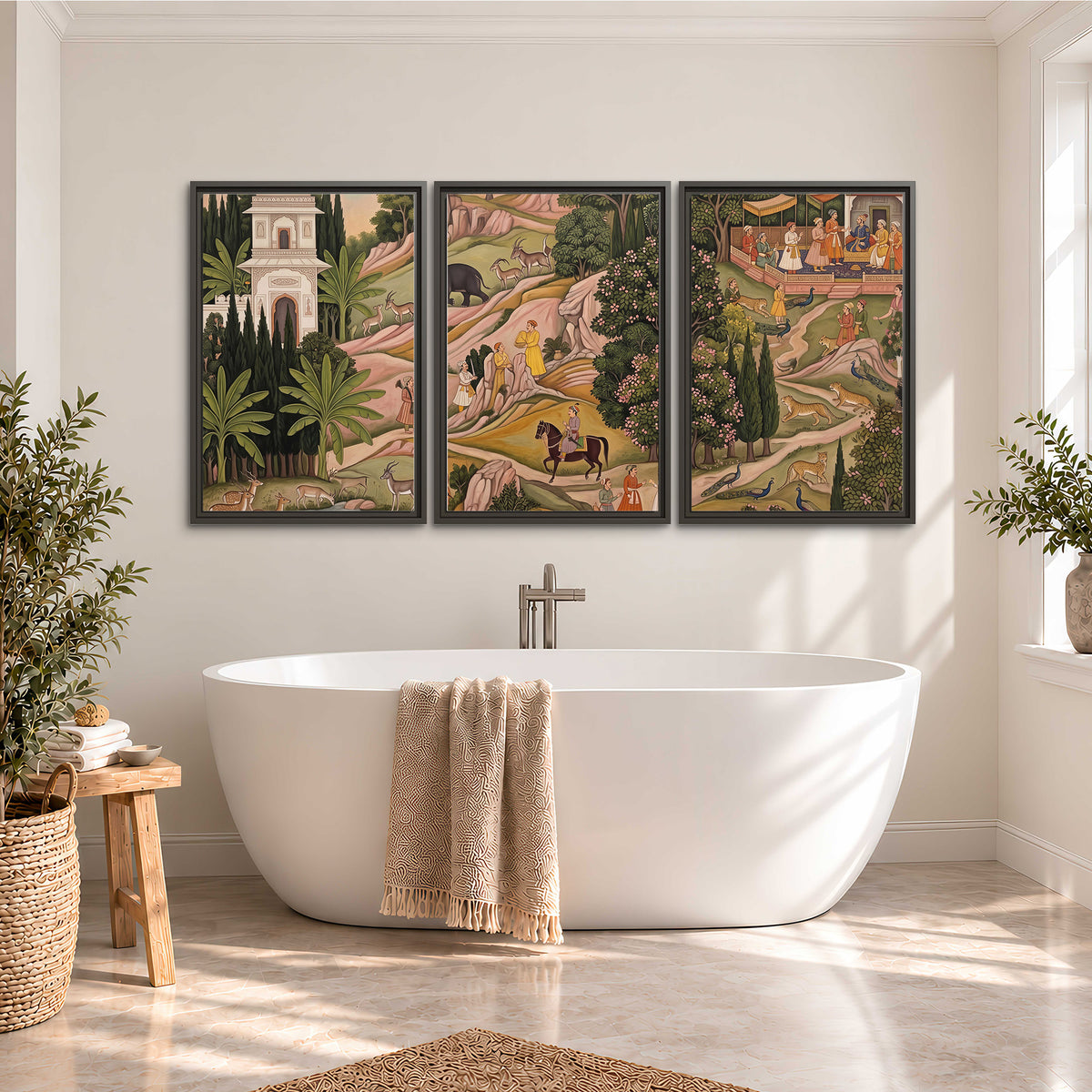 Decorative palace gardens with riders, trees and pavilions 3 piece framed canvas wall art styled in an interior