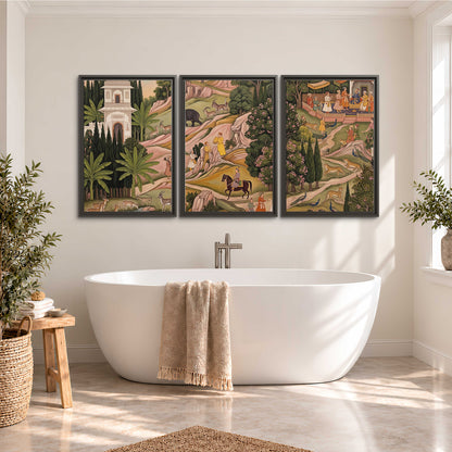 Decorative palace gardens with riders, trees and pavilions 3 piece framed canvas wall art styled in an interior