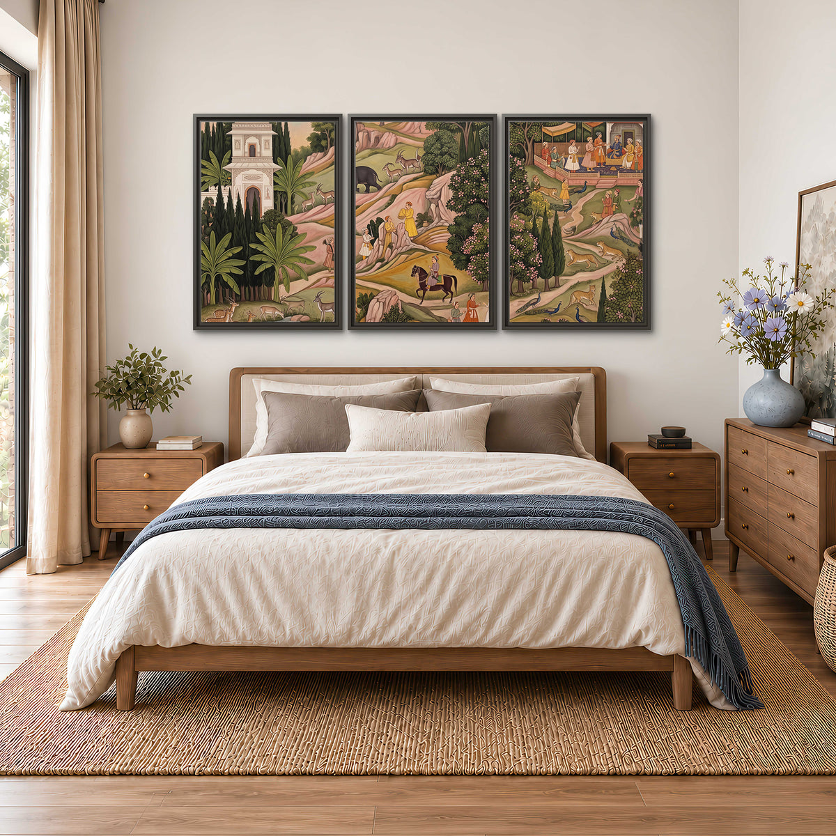 Decorative palace gardens with riders, trees and pavilions 3 piece framed canvas wall art styled in an interior
