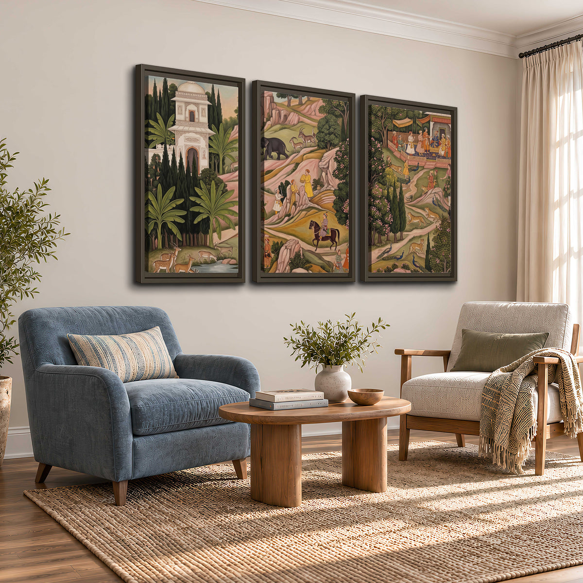 Decorative palace gardens with riders, trees and pavilions 3 piece framed canvas wall art styled in an interior
